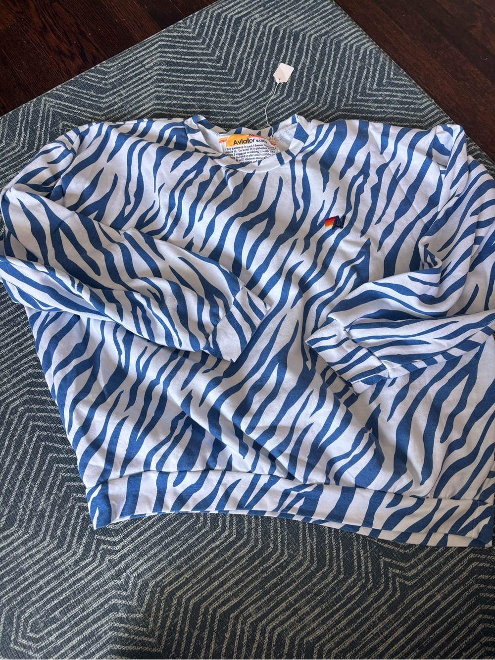Aviator Nation White Crewneck with Blue Zebra Stripes